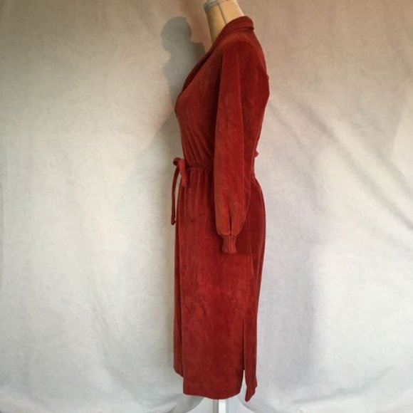 Vintage 70s Rust Orange Velour Dress - Picture 3 of 5